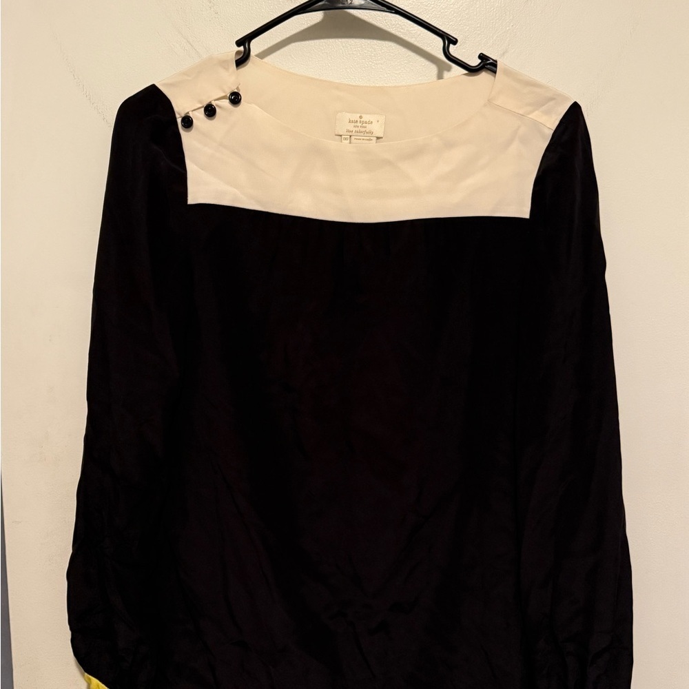 Kate Spade Live Colorfully Black and White Long Sleeve Silk Blouse